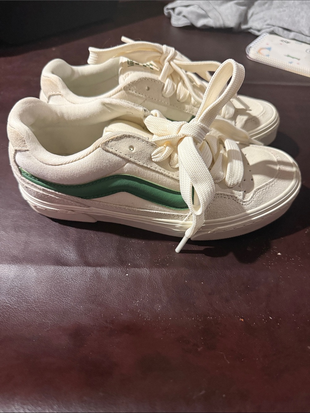 Vans women’s Cream Canvas Sneakers with Green Wave